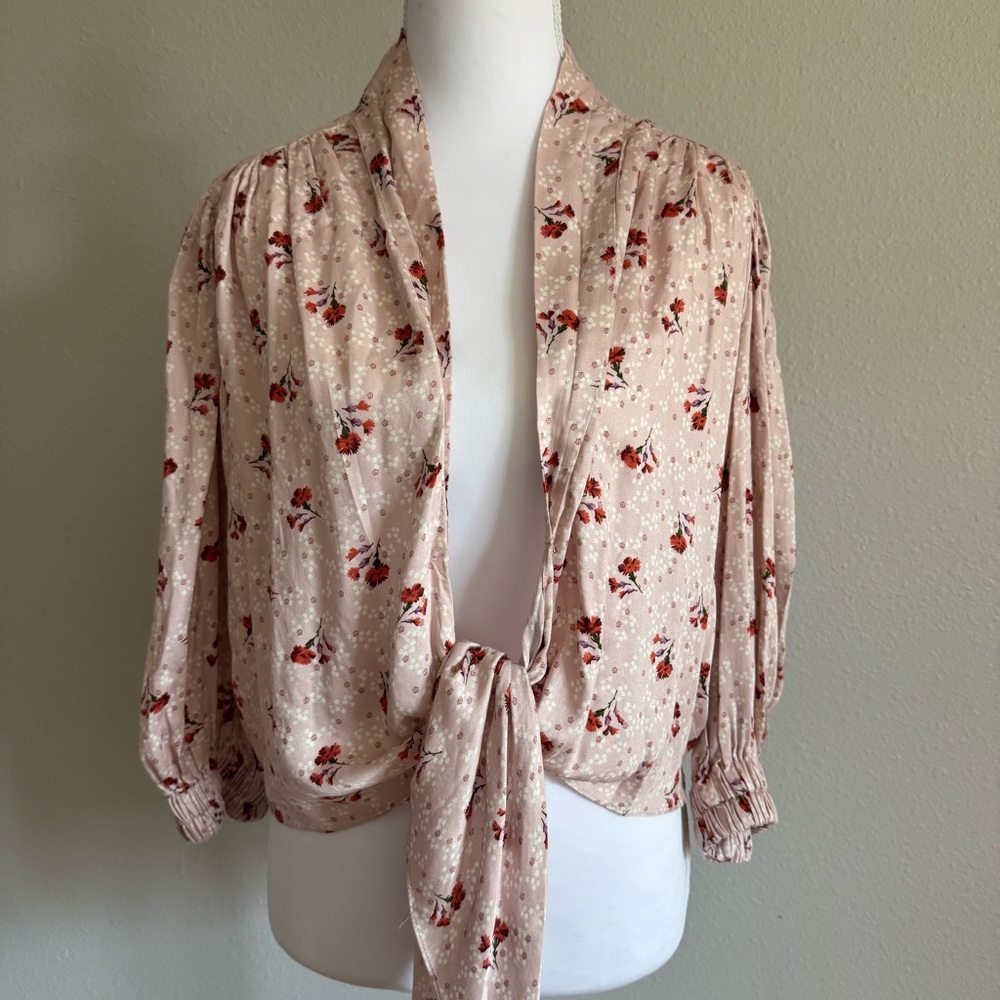 NWOT ZARA Pink Floral Soft Boho Tie Front‎ Crop Blouse Cottagecore  Size S